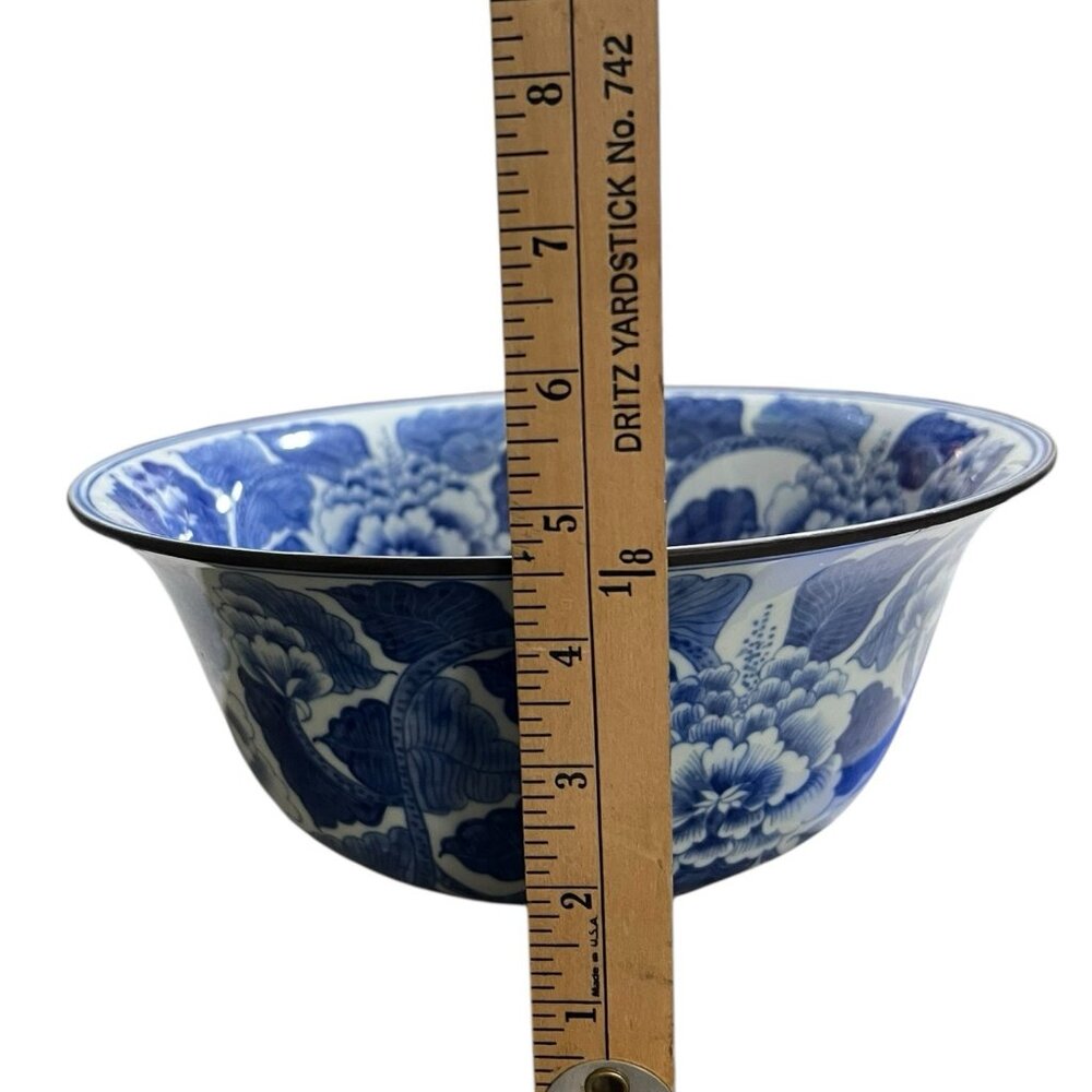 Blue White VNTG Porcelain Peony Bowl Large 10.5” Decor Bowl Floral Chinoserie - Picture 4 of 5
